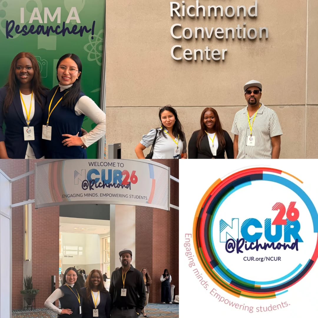 Collage of photos that show two students and a professor in a conference setting.