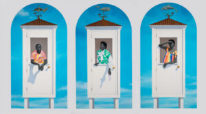 artwork by Amy Sherald depicting three people in a trio of wooden structures