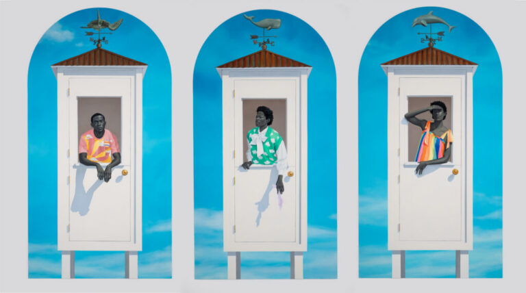 artwork by Amy Sherald depicting three people in a trio of wooden structures