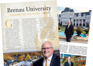 Two magazine pages with text and photos of Brenau President David L. Barnett.